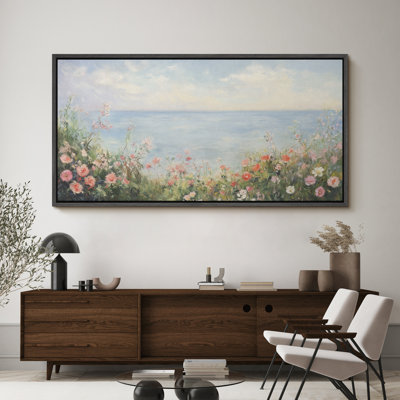 Coastal Wildflowers and Ocean View Large Framed Canvas Print Wall Art for Cottagecore Decor