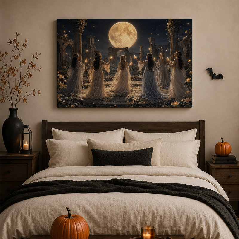 Femmes en robes tenant des orbes lumineuses sous une toile murale d'Halloween, H 28 po x l 40 po