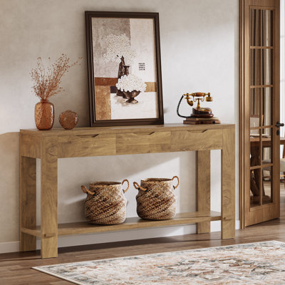 67-Inch Long Brown Sofa Console Table Behind the Couch with Storage Shelf 3 Drawers, Narrow Farmhouse Entryway Furniture by Laurel Foundry Modern Farmhouse