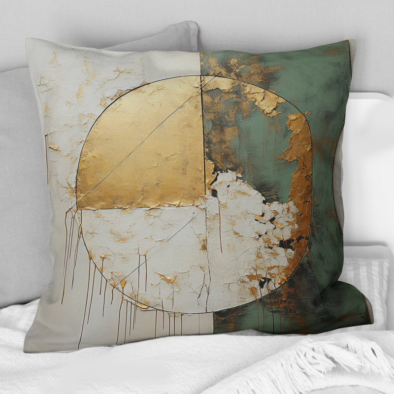 Or et peinture verte Fusion I - Coussin décoratif avec peinture abstraite, 16" x 16"