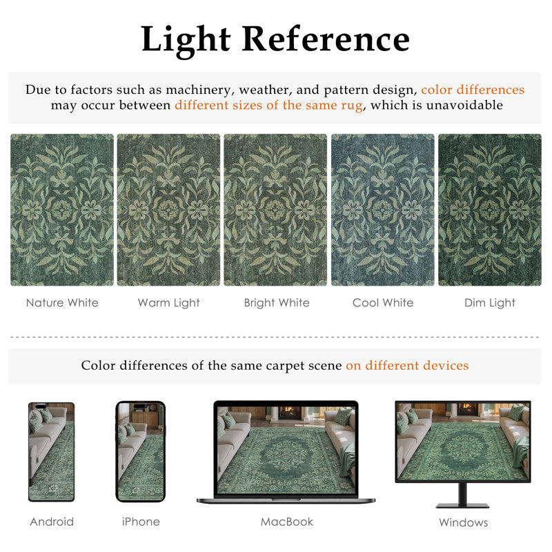 Stella Machine Washable Oriental Area Rug With Non-Slip Backing, Runner 2' x 8', Green
