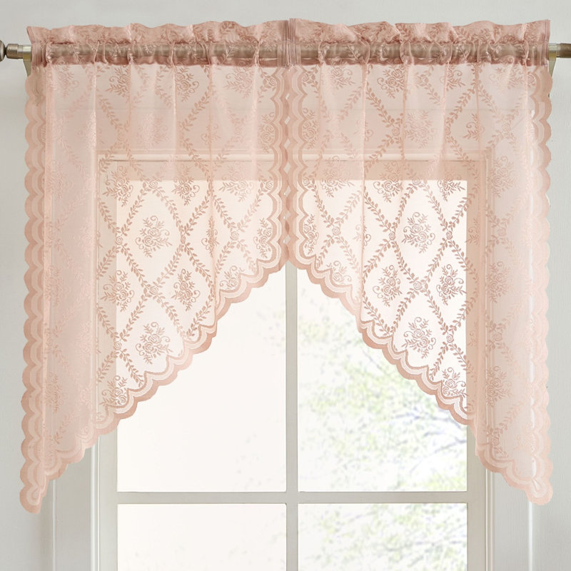 Hayson Floral Rod Pocket Lace Short Cafe Swags for Small Windows - 28 x 36 Inch Length - Set of 2, Blush Pink