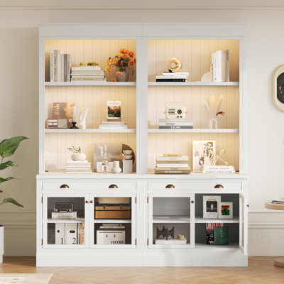 83.4"Tall Bookshelf Suite With LED Lighting, Modern Bookcases With Glass Doors And Drawers,2-Piece Set Storage Bookcase Suite With Open Shelves For Living Room,Home Office