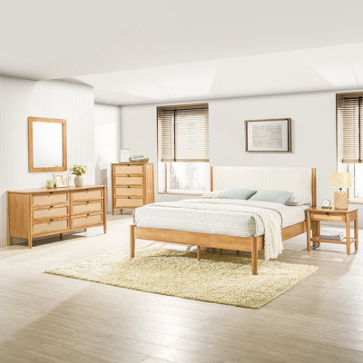 Ensemble de chambre à coucher 5 pièces en bois d'hévéa avec commode, miroir, table de chevet et commode en velours côtelé Holeman