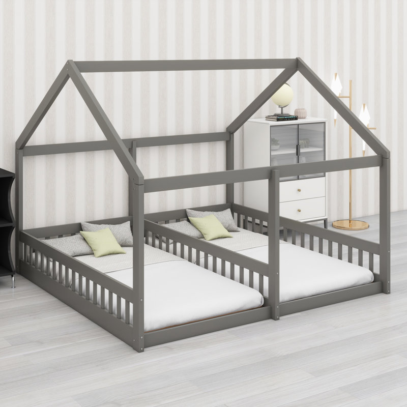 Lit plateforme House, deux lits partagés, Gris