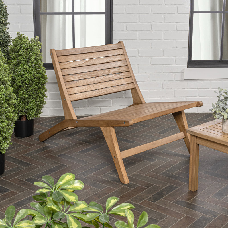 Leo Modern Solid Indonesian Teak Wood Armless Outdoor Lounge Chair, Natural Slatted Low Profile Seating for Patio, Porch or Garden