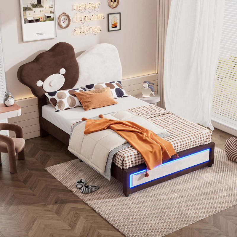Lit plateforme tapissier avec tête de lit en forme d'ours, bandes lumineuses à DEL, Simple