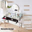 Table de coiffeuse à miroir argenté avec lumières DEL et miroir, 2 tiroirs spacieux, tablette ouverte, point de charge de la chambre à coucher, lumières de bureau de maquillage 33,9 po, station pour grands tiroirs