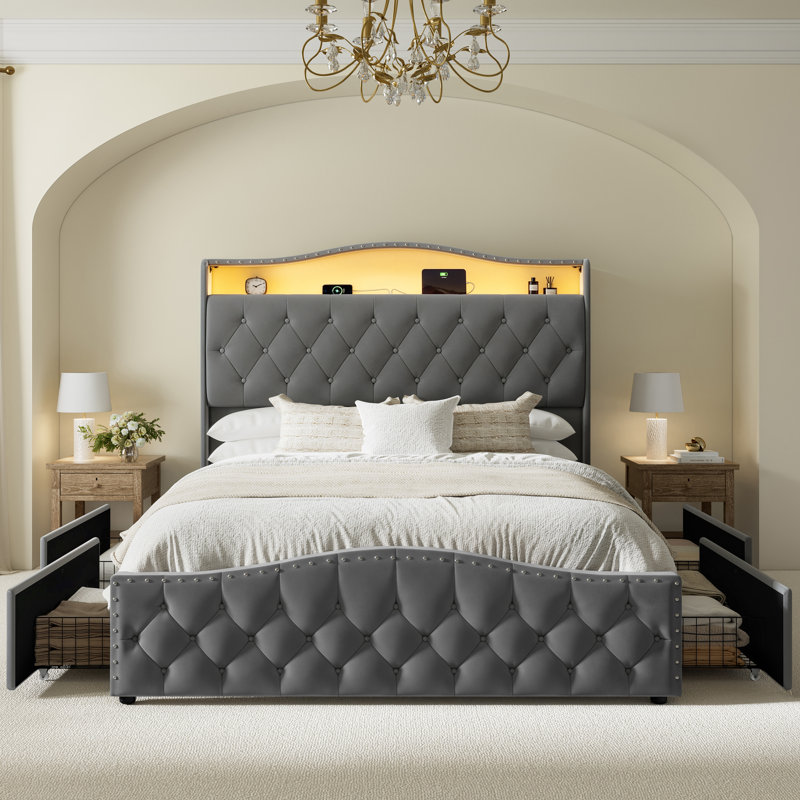 Upholstered Full Bed Frame with 4 Storage Drawers and 52.5" Tall Headboard,  Platform Bed with Charging Station & LED Light, No Spring Box Needed
