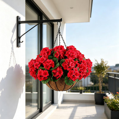 Artificial Geranium Hanging Basket Kit with Coco Liner, Simple Assembly Required, UV Resistant Faux Begonia Silk Flowers in Iron Wire Frame, Indoor Outdoor Floral Display for Porch, Patio & Balcony