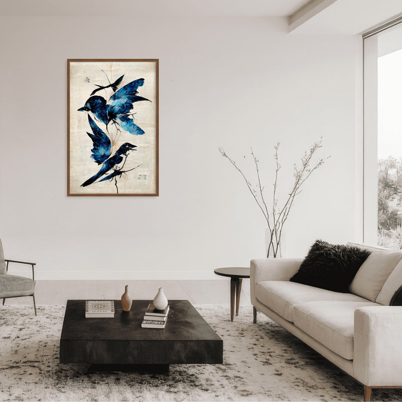 Nature Inspired Blue Birds, 30" H x 24" W x 1.125" D, Framed Matted Print, White
