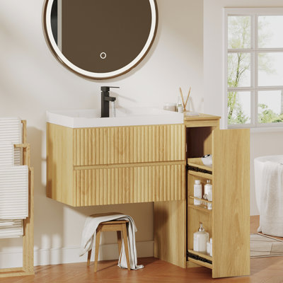 Meuble-lavabo simple 31,5 po avec lavabo en céramique, armoire de rangement flottante murale avec 2 tiroirs à fermeture en douceur et tablette coulissante à 3 niveaux