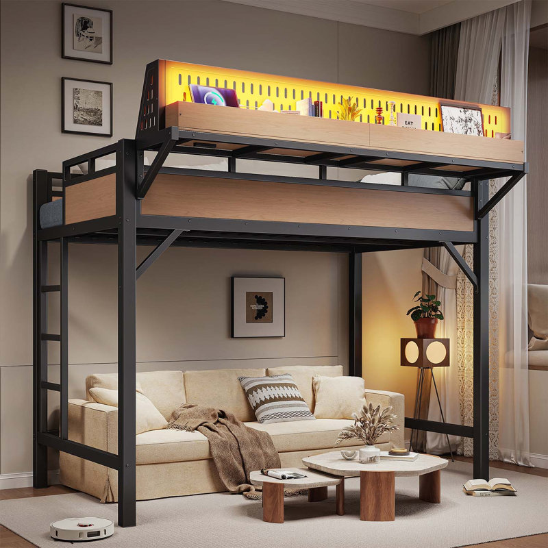 Lit mezzanine simple en métal de taille XL avec rangement, ports USB, lumières DEL et conception robuste pour les petits espaces