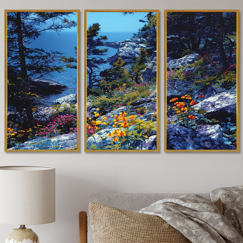Caufield - Ensemble de décoration murale plage et océan, Cadre flottant doré, H 40 po x l 60 po x P 1 po