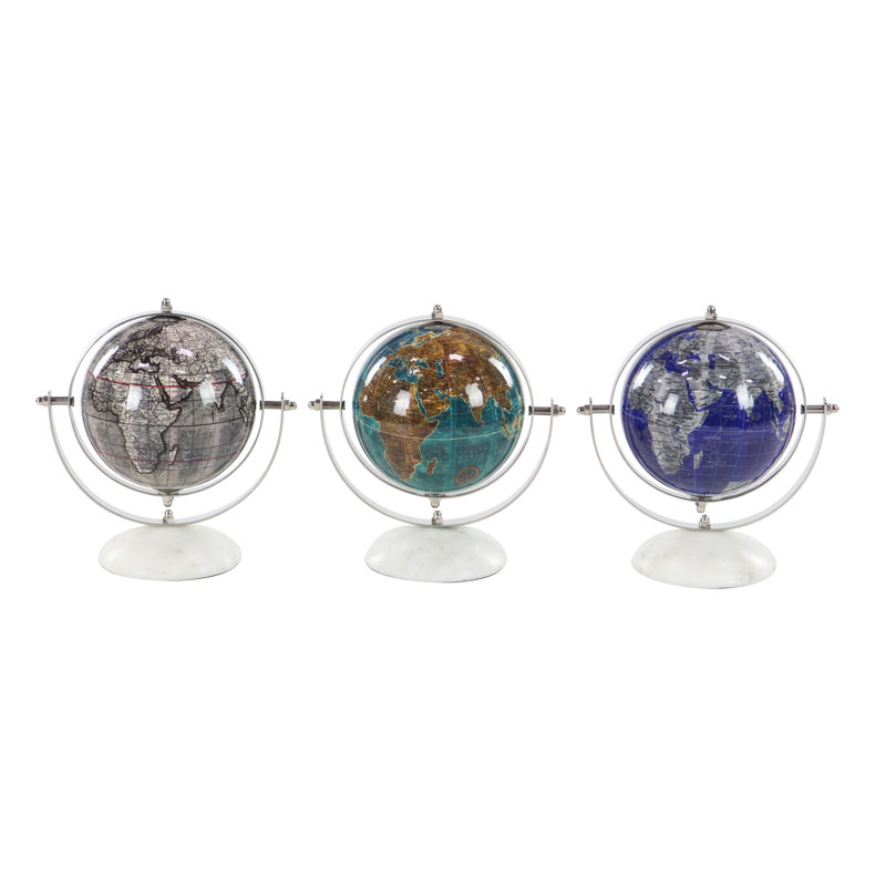 Globe terrestre en marbre moderne et marbre, H 11 po x l 8 po x P 10 po, Jaune/Vert/Bleu