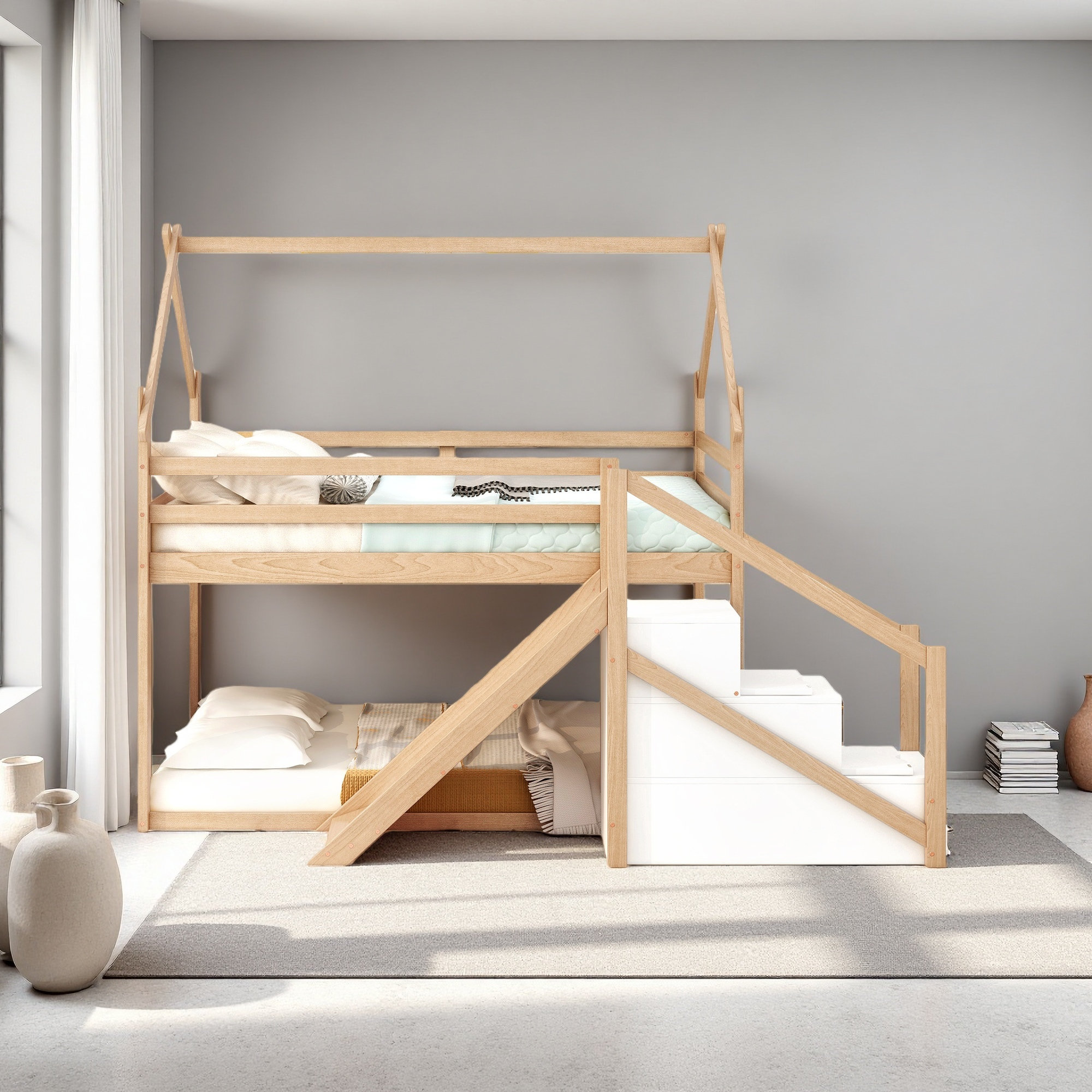 Harriet Bee Twin Over Twin House Loft Or Bunk Bed With Slide And ...