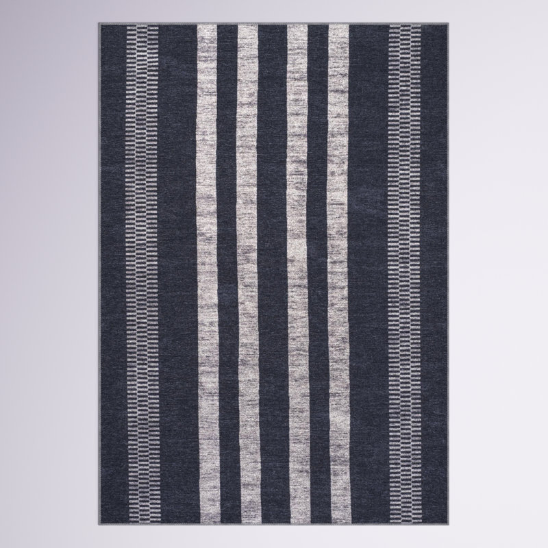 Zipporah Geometric Striped Machine-Washable Black/Ivory Rug, Rectangle 8'10" x 12'