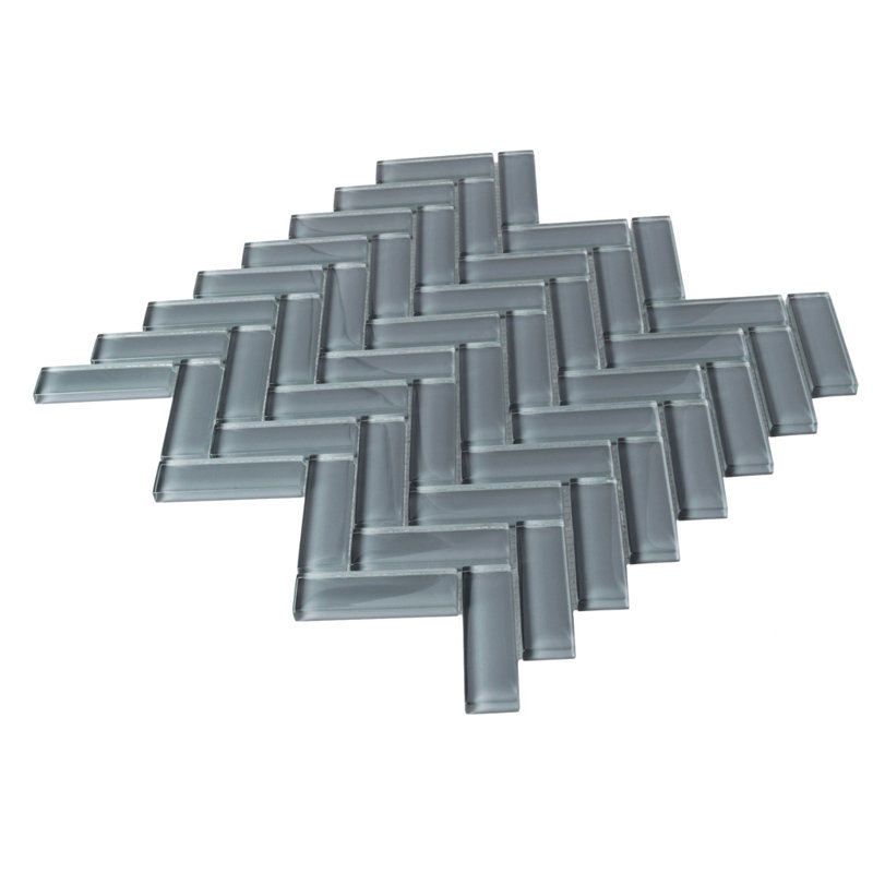 11"X 12.6" Herringbone Polished Glass Mosaic Tile, Dark Gray