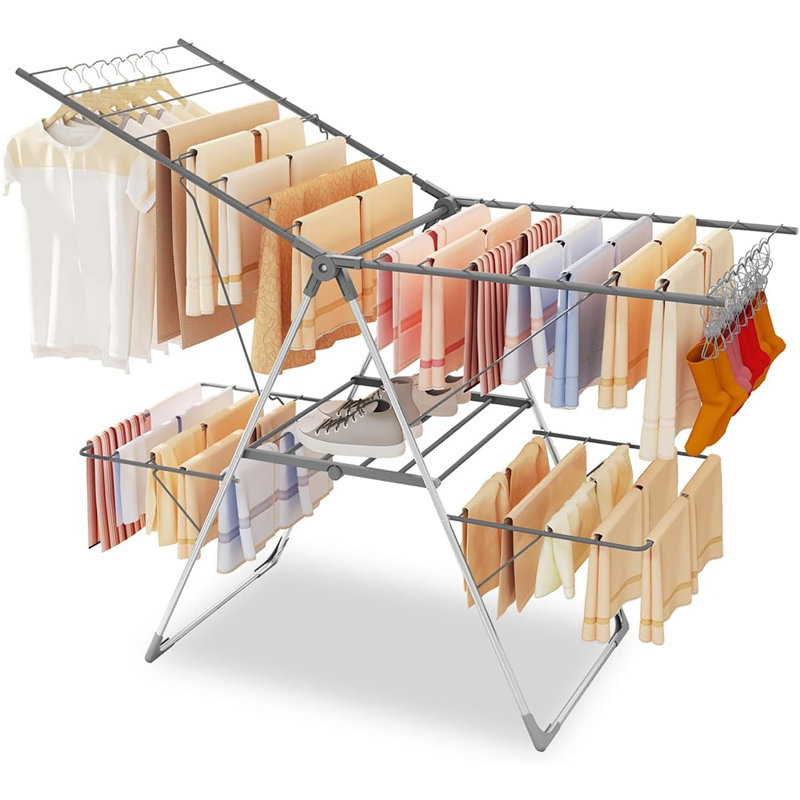 Séchoir à vêtements pliable à 2 niveaux, couleur grise, grand support à linge en acier inoxydable, conception pliable avec 33 rails de séchage, utilisation intérieure et extérieure portable, style utilitaire contemporain