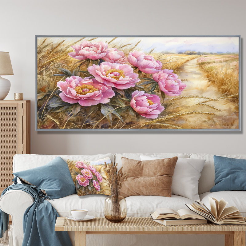 Pivoines le long de la route de campagne III - Décoration murale pivoines, H 28 po x l 60 po, Impression encadrée flottante