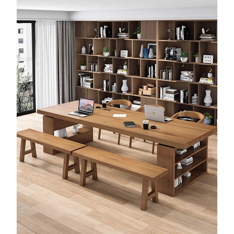 Table de conférence moderne en bois massif minimaliste avec tablettes de rangement, H 29,53 po x L 78,74 po x l 31,5 po
