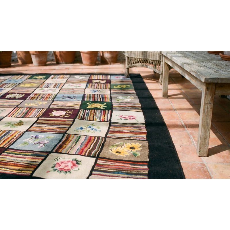 Antique Grid Pattern Colorful American Hooked Area Rug