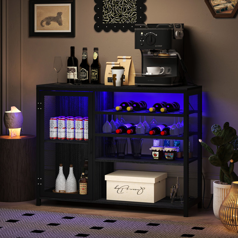 Gray and Silver Metal Bar Cabinet with Wine Racks and Stemware Holder