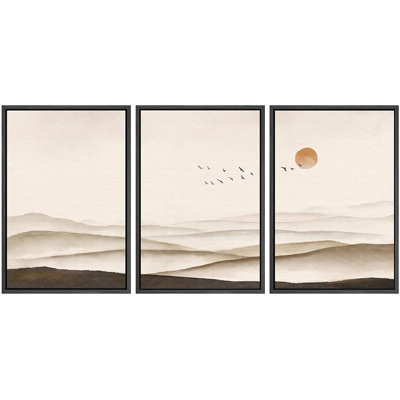 «Abstract Landscape», reproduction d'art sur toile encadrée, ensemble de montagnes brumeuses, horizon, oiseaux, nature sauvage, illustrations, art moderne, décoration nordique, calme / zen, pour le salon, la chambre à coucher, le bureau - 3 pièces s
