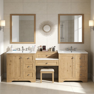 Meuble-lavabo double 84 po, 2 lavabos en céramique et comptoir en pierre d'ingénierie, grand meuble-lavabo de rangement avec boutons en métal argenté et 6 tiroirs, fermeture en douceur 84 po