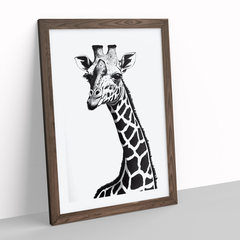 Monochrome Giraffe - Single Picture Frame Print, 64cm H x 46cm W x 2cm D, Walnut
