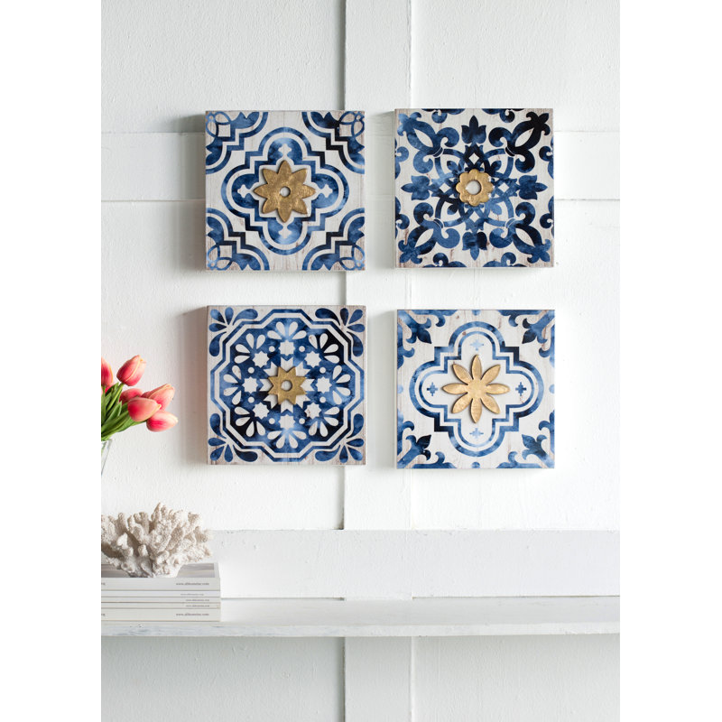 Décoration murale abstraite bleue, blanche et dorée S / 4, 9,5 po x 9,5 po
