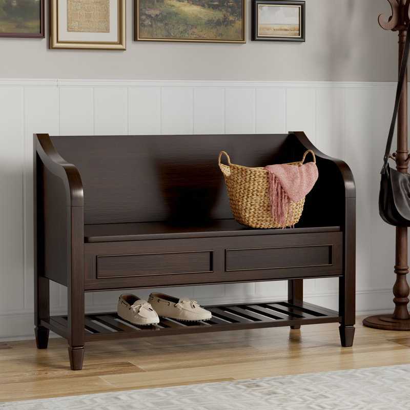 Banc de rangement d'entrée en bois massif l 42 po avec couvercle relevable, deux compartiments et tablette inférieure ouverte Connaught