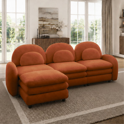 Modern Curved Teddy Fabric 3-Piece Modular Sectional Sofa with Reversible Ottoman, Cloud-Like Upholstered Couch with Lumbar Pillows