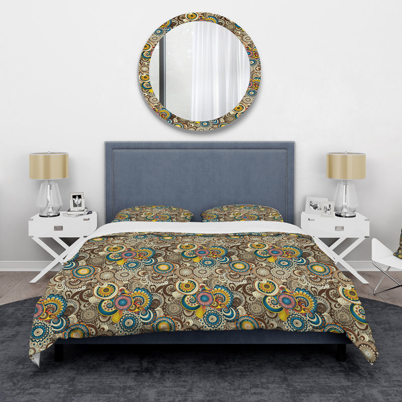 Ensemble de housse de couette en microfibre bleu / brun / jaune Pipina, Housse de couette pour grand lit + 2 taies décora