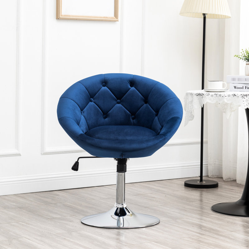 Chaise pivotante avec velours bleu, base hydraulique, structure en métal chromé, rotation à 360 degrés, dossier en velours doux, métal, rotation, l 27,46 po x P 24 à 32,25