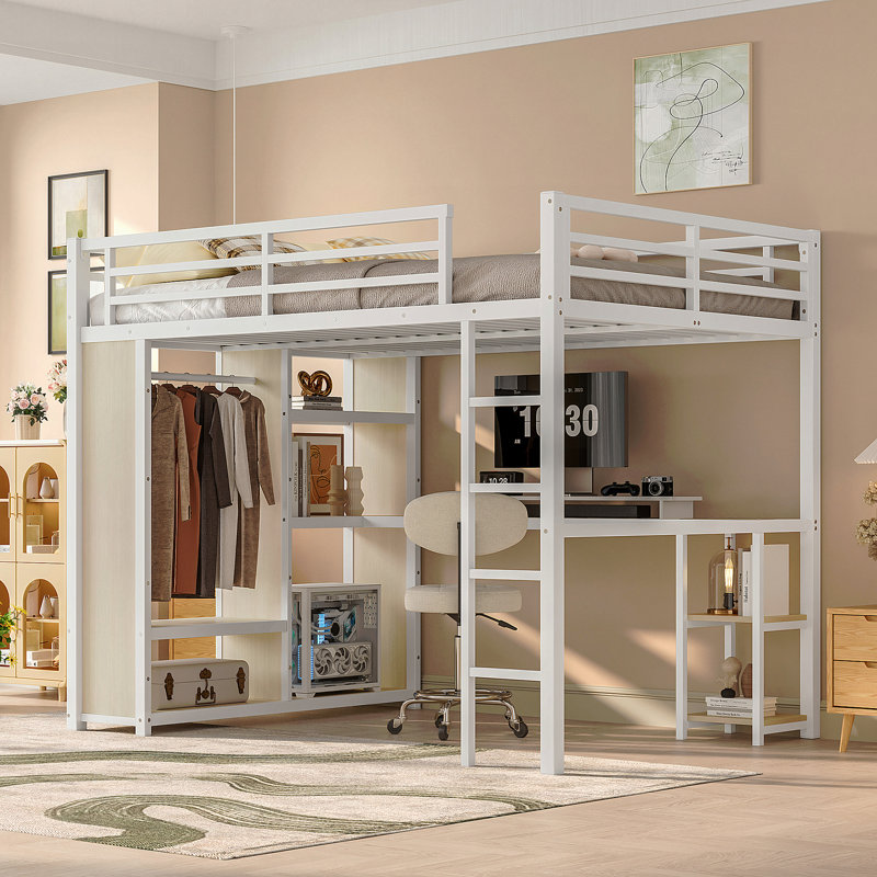 Queen Size Loft Bed Frame With Built-In Wardrobe, Metal Loft Bed With Desk And Storage Shelves, Noir