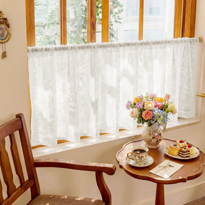 Kitchen Sheer Curtains 54 Inch Length 2 Panels Rustic Floral Cottagecore Lace Curtains for Girls Bedroom, Rod Pocket Light Filtering Privacy Sheer Window Drapes, 52 x 54 Inch, Ivory White