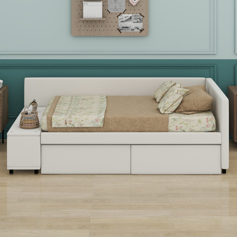 Lit plateforme tapissier en L avec rangement et tiroirs, Beige