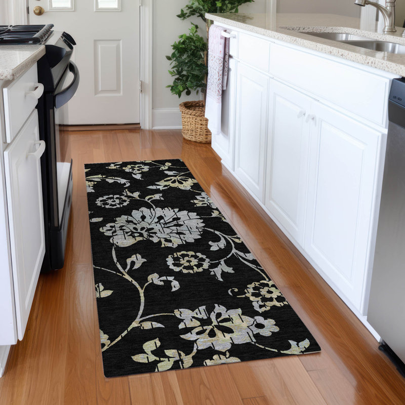 Premium Machine Washable Prisco Black Rug, Runner 2'3" x 7'6"
