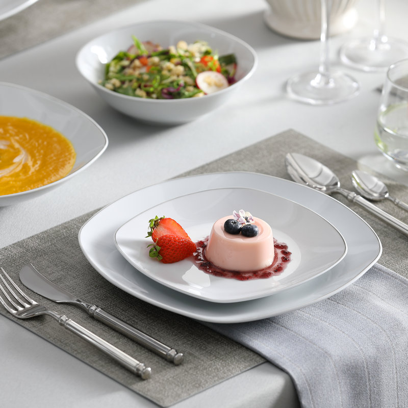 Piece Porcelain China Dinnerware Set - Service for 6, Silver/White
