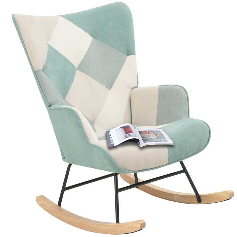 Chaise berçante en tissu, bois et lin, Bleu