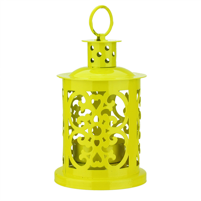 5.5" Shiny Mini Votive or Tealight Candle Holder Lantern with Dot and Scroll Cutouts, Yellow