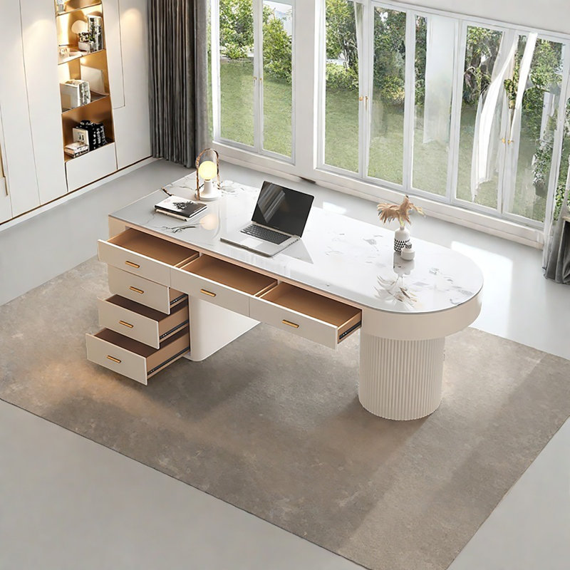 62.99"semi-circle Sintered Stone Office Desk, Modern Minimalist With Drawers, 29.53" H x 62.99" W x 27.56" D