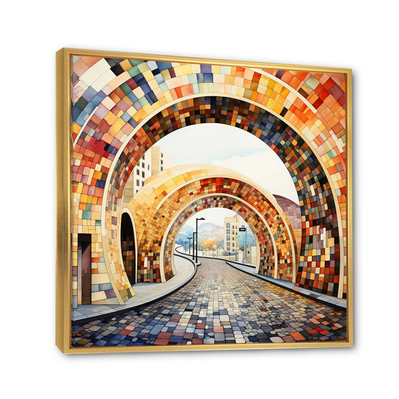 «Orange Bridge Dynamic Archway Pointillism III», reproduction sur toile, H 30 po x l 30 po x P 1 po, Cadre flottant doré
