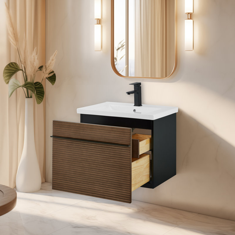 Barham 24" Floating & Wall-Mounted Single Bathroom Vanity In Shadow Walnut With Ceramic Integrated Sink And Countertop
