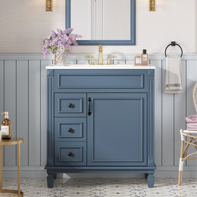 Petit meuble-lavabo de 30 pouces avec lavabo en céramique de haute qualité, deux tiroirs et tablette réglable
