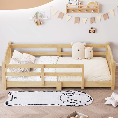 Twin Montessori Floor Bed With Slats And Safety Guardrails, Solid Wood Design For Easy Access And Child Independence