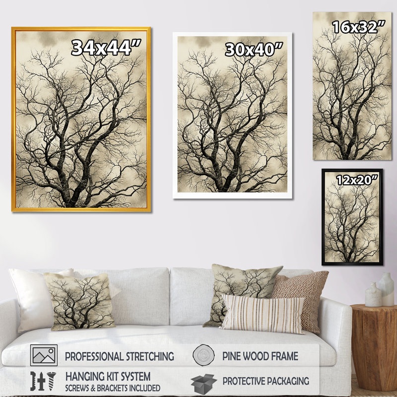 Arbre de Basswood noir rétro - art mural arbre, Cadre doré simple, H 32 po x l 24 po x P 1 po