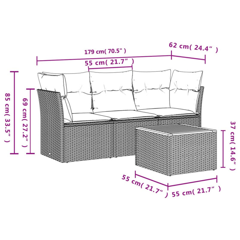  Ensemble de canapé de patio 4 pièces avec coussins en rotin de polyester gris