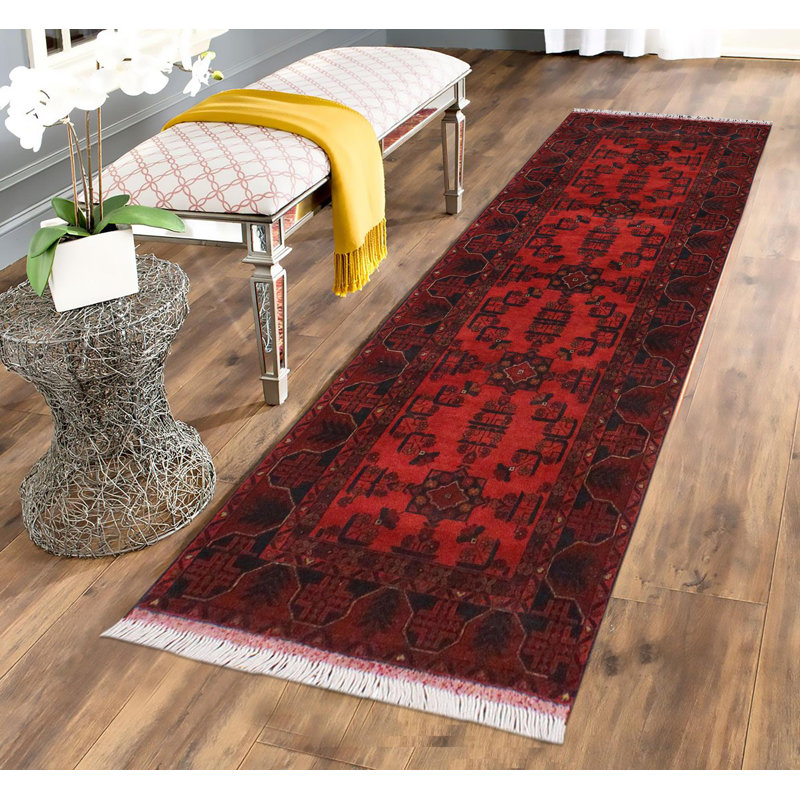 Tapis de couloir intérieur en laine noué à la main à motif géométrique rouge / bleu 2 pi 11 po x 9 pi 2 po Madonia